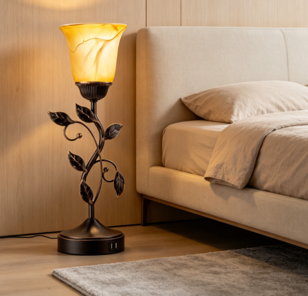 Touch control table lamp with 2 USB charging ports, three-way dimmable bedside lamp, vintage leaf styled lamp with amber glass shade in bronze finish, for living room, bedroom and dresser
